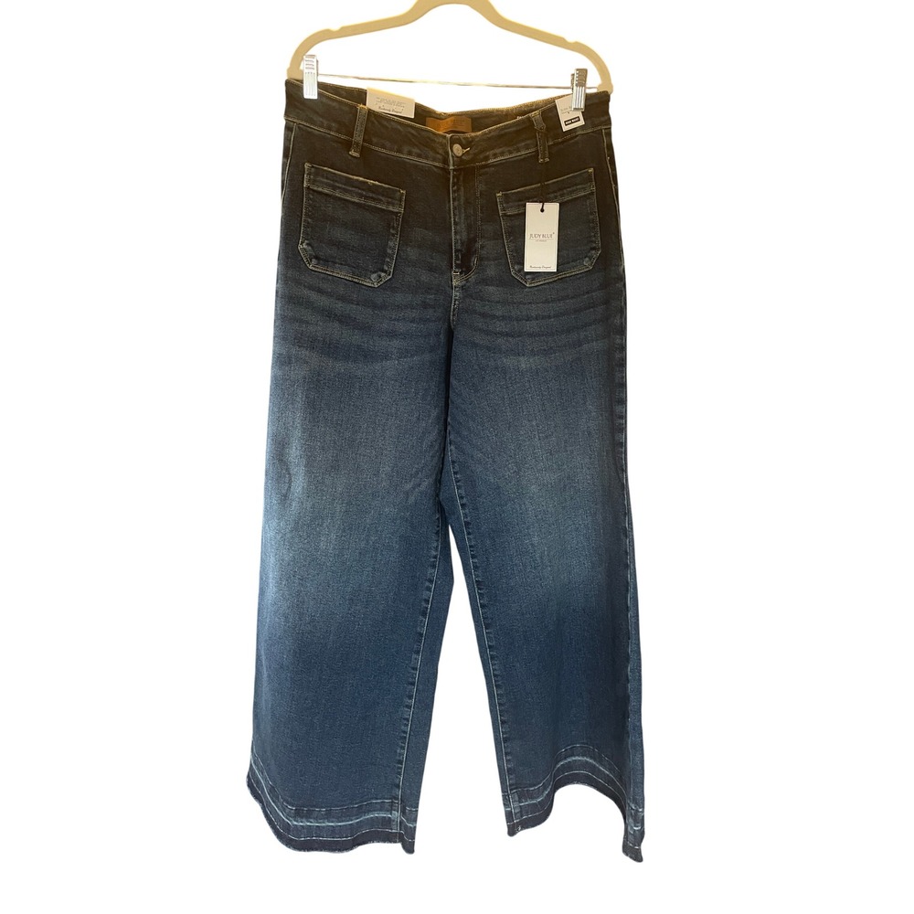 Judy Blue Retro Statement Patch Pocket Barrel Leg Palazzo Raw Hem 14W Hippie